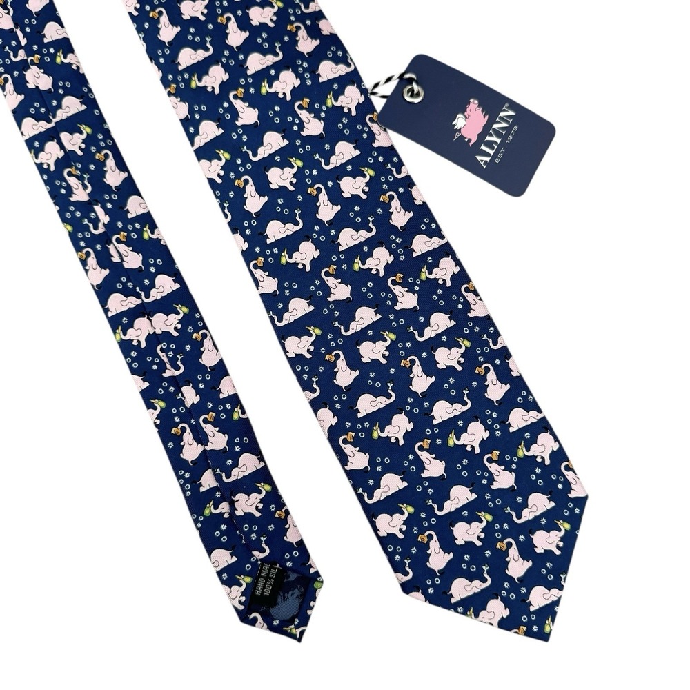 ALYNN - BLUE/LIGHT PINK ELEPHANT - Neck Tie "Drunk in the Trunk" Silk - NEW